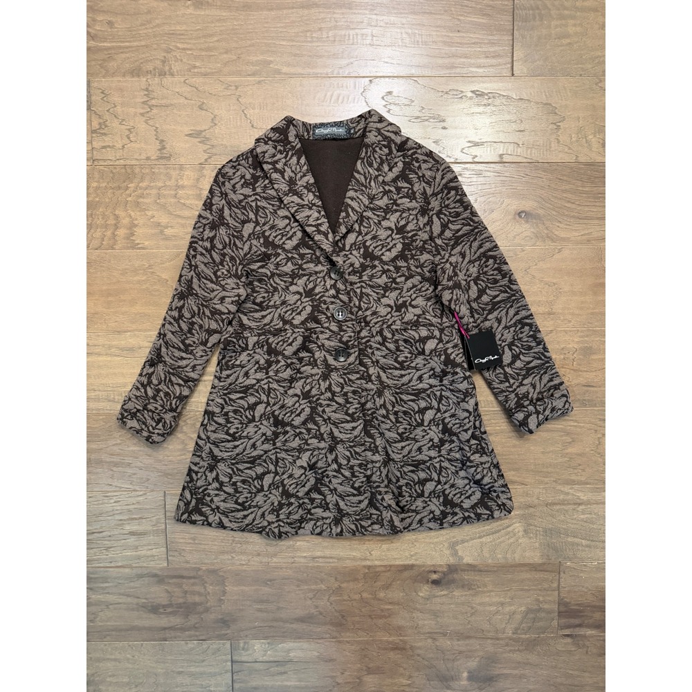 Cheryl Nash Blazer Jacket Women XL Brown Floral Jacquard Longline Button Career